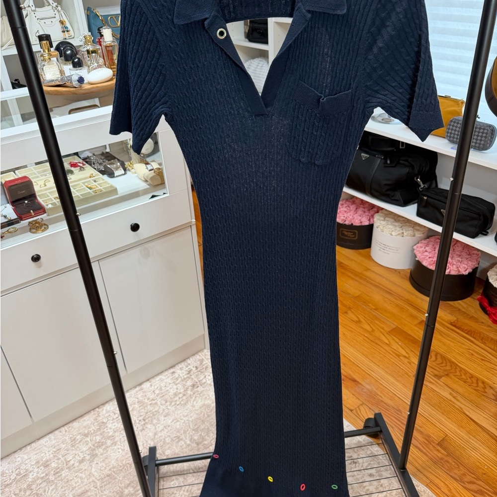 STAUD Dark Blue Textured Polo Top